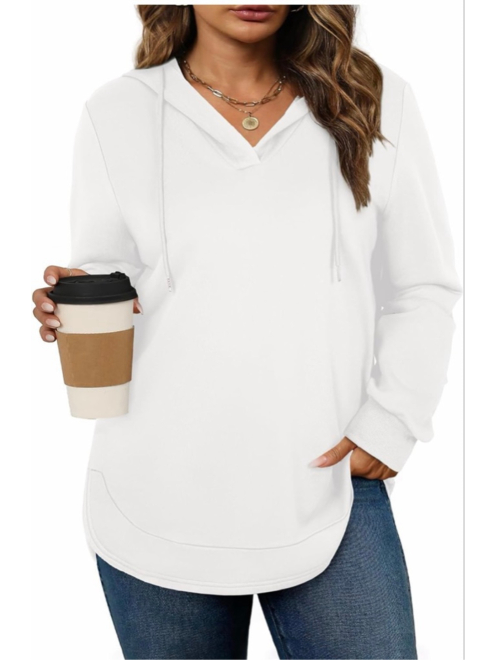 NEW AlvaQ White Plus Size Hoodies Long Sleeve Drawstring 1X
